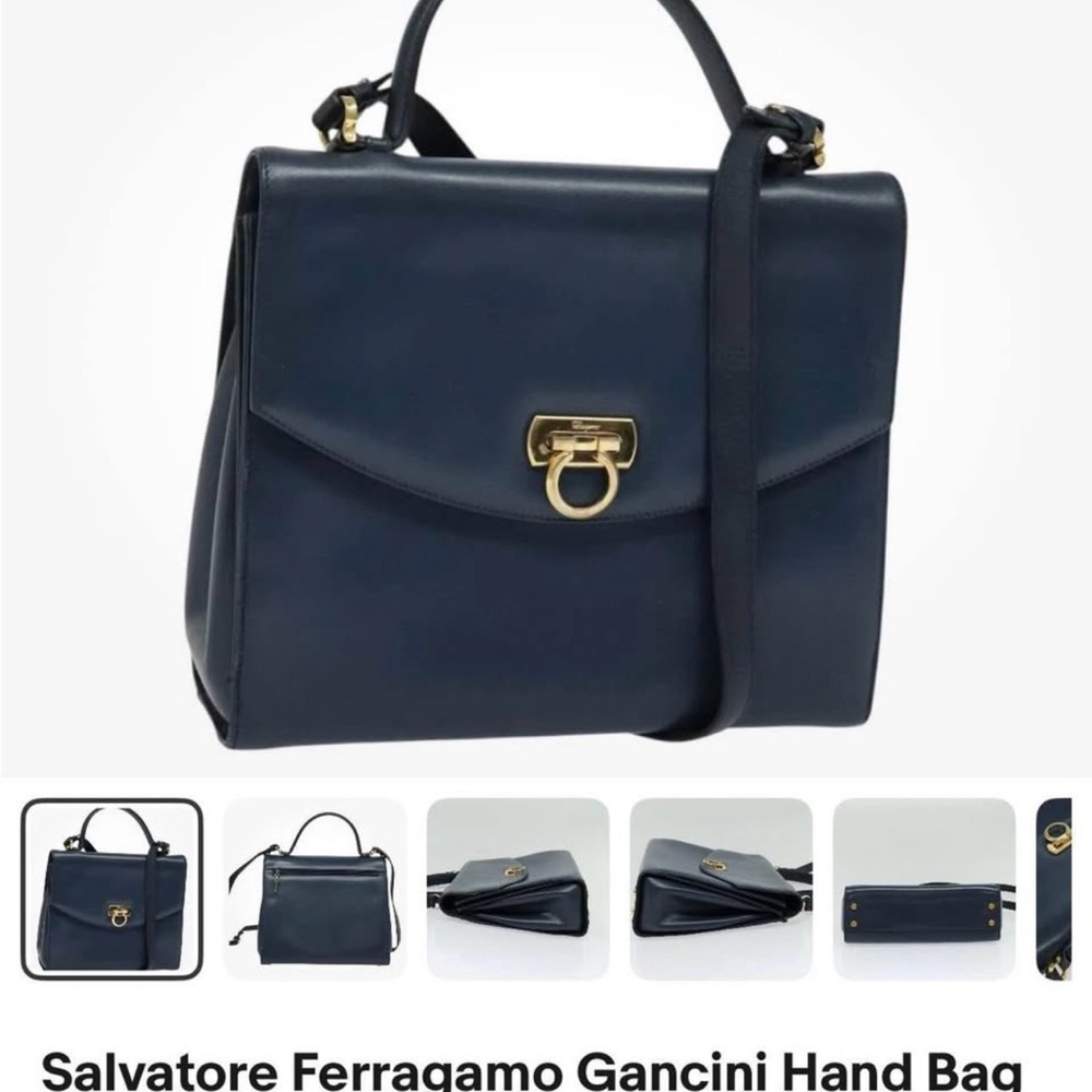Salvatore Ferragamo Navy Blue Leather Top Handle Shoulder Bag with Gold Hardware - Picture 2 of 10